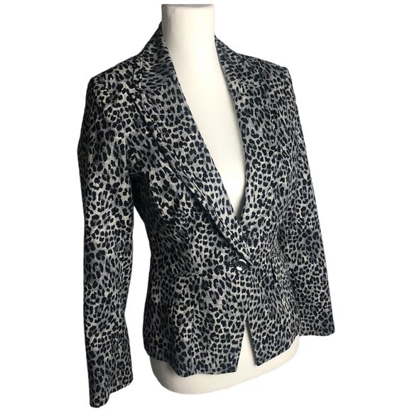 White House Black Market Black Gray Tailored Leopard Print Blazer Jacket Size 4 - Picture 1 of 16